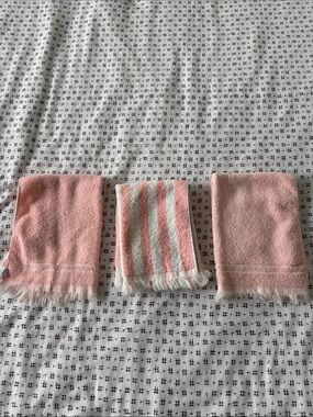 Vintage Cannon/Martex finger towels, 2 pink,1 pink/white stripe, cotton, fringe